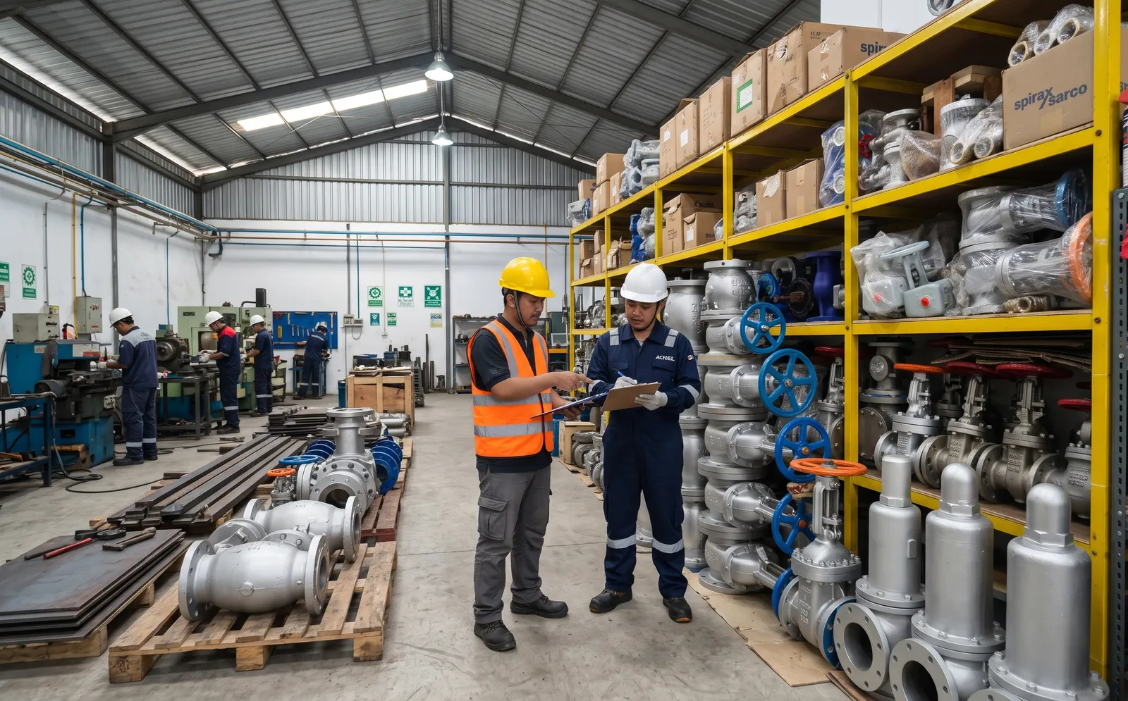 Gudang dan workshop ARVO: rak stok valve dan safety valve, tim memeriksa pesanan